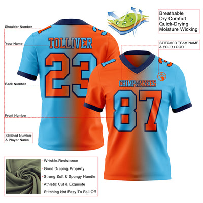 Custom Sky Blue Orange-Navy Authentic Gradient Fashion Football Jersey