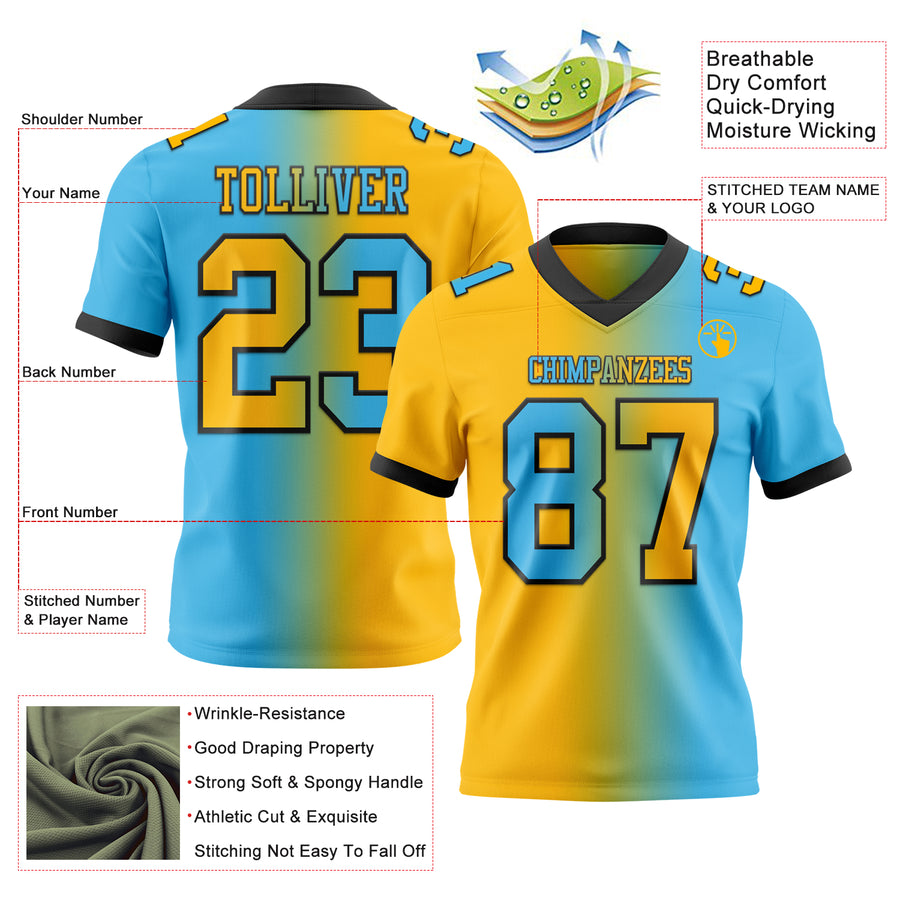Custom Sky Blue Gold-Black Authentic Gradient Fashion Football Jersey