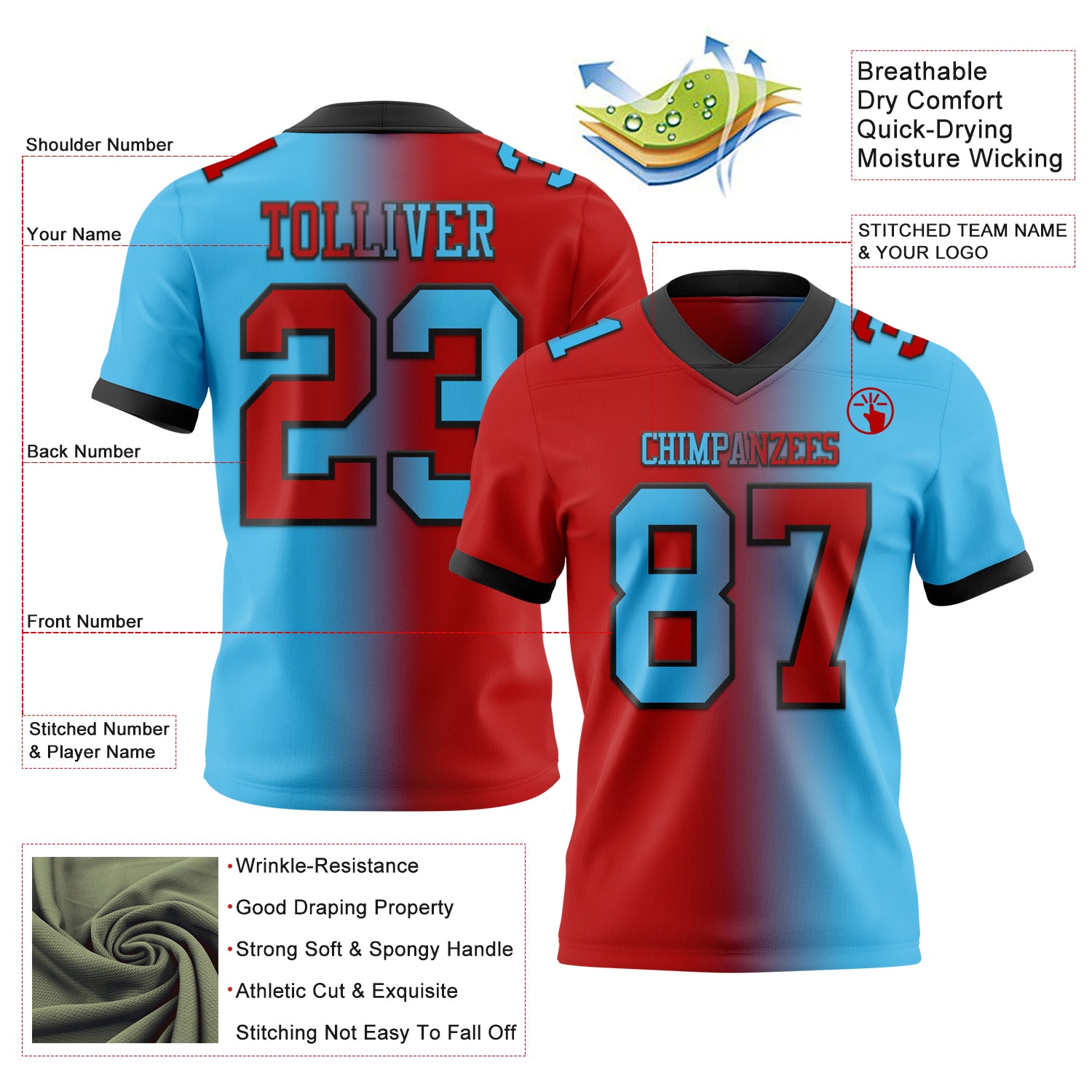 Custom Sky Blue Red-Black Authentic Gradient Fashion Football Jersey