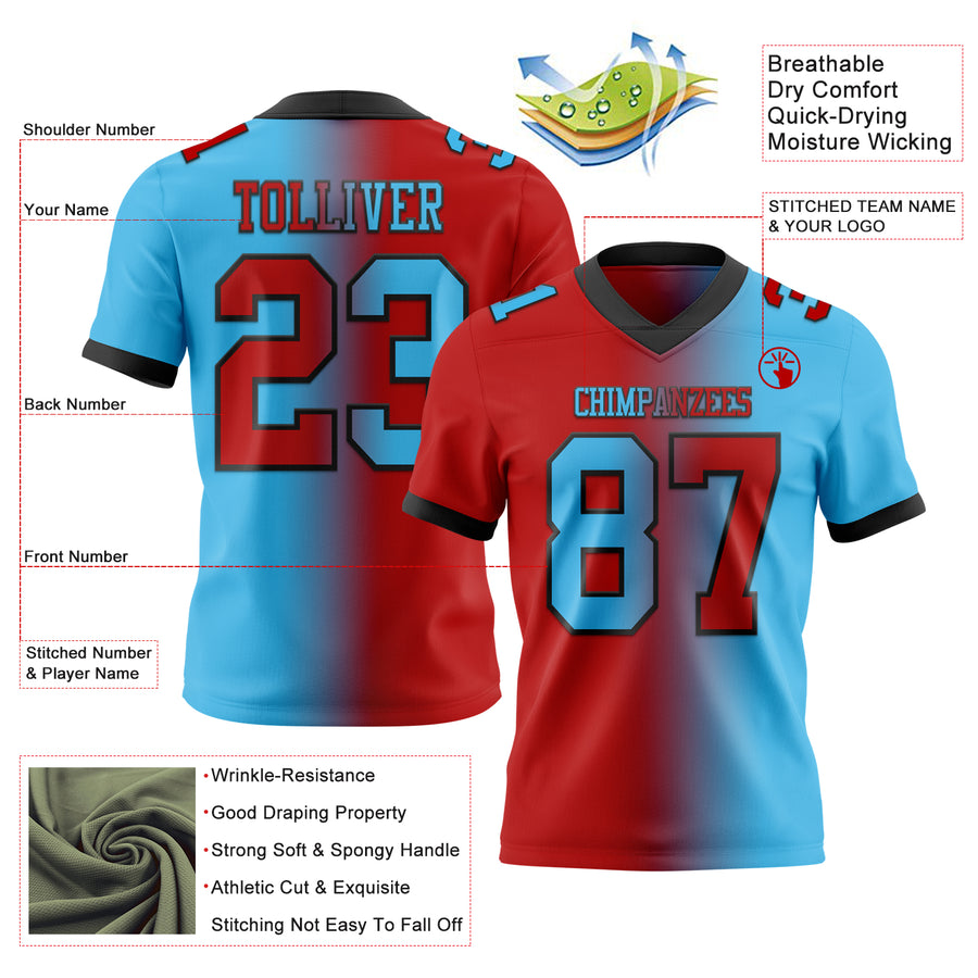 Custom Sky Blue Red-Black Authentic Gradient Fashion Football Jersey