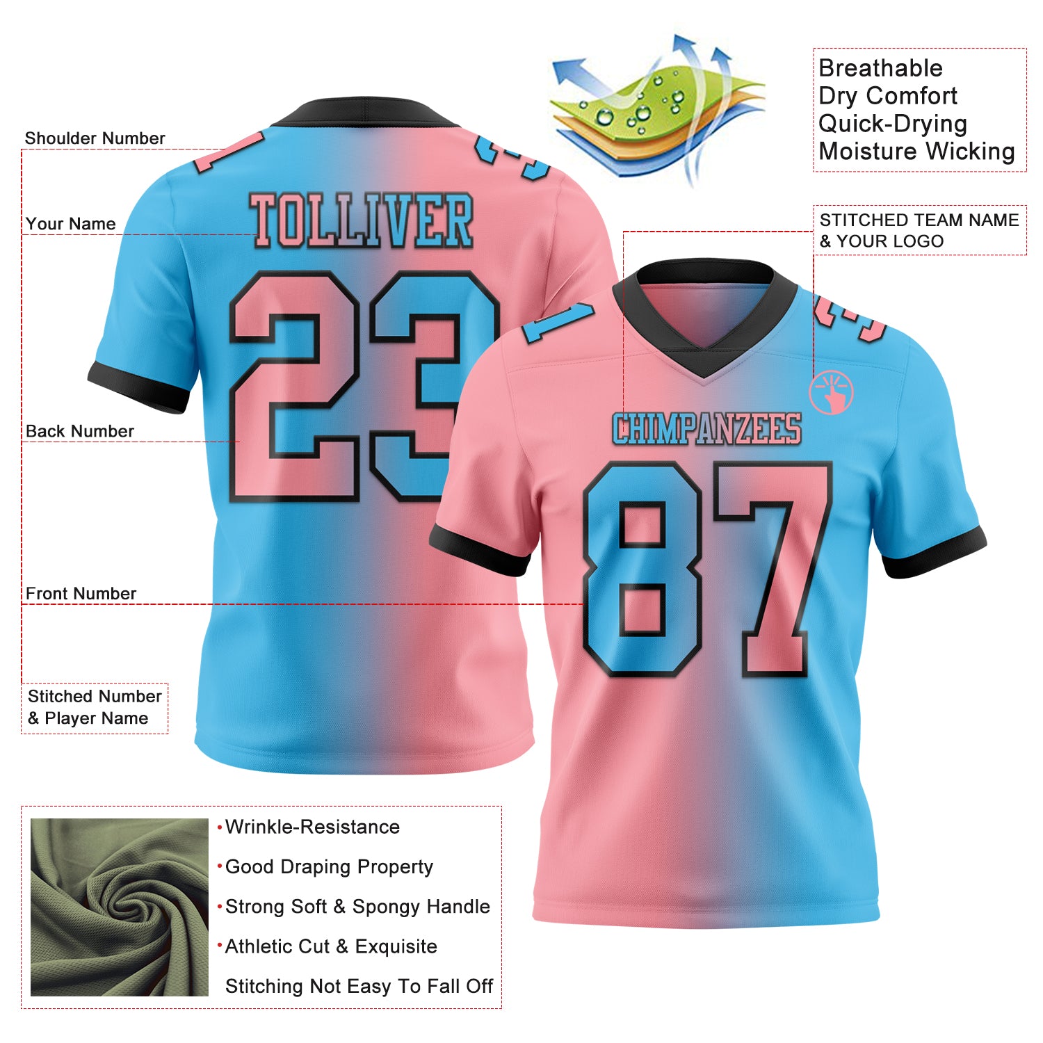 Custom Sky Blue Medium Pink-Black Authentic Gradient Fashion Football Jersey