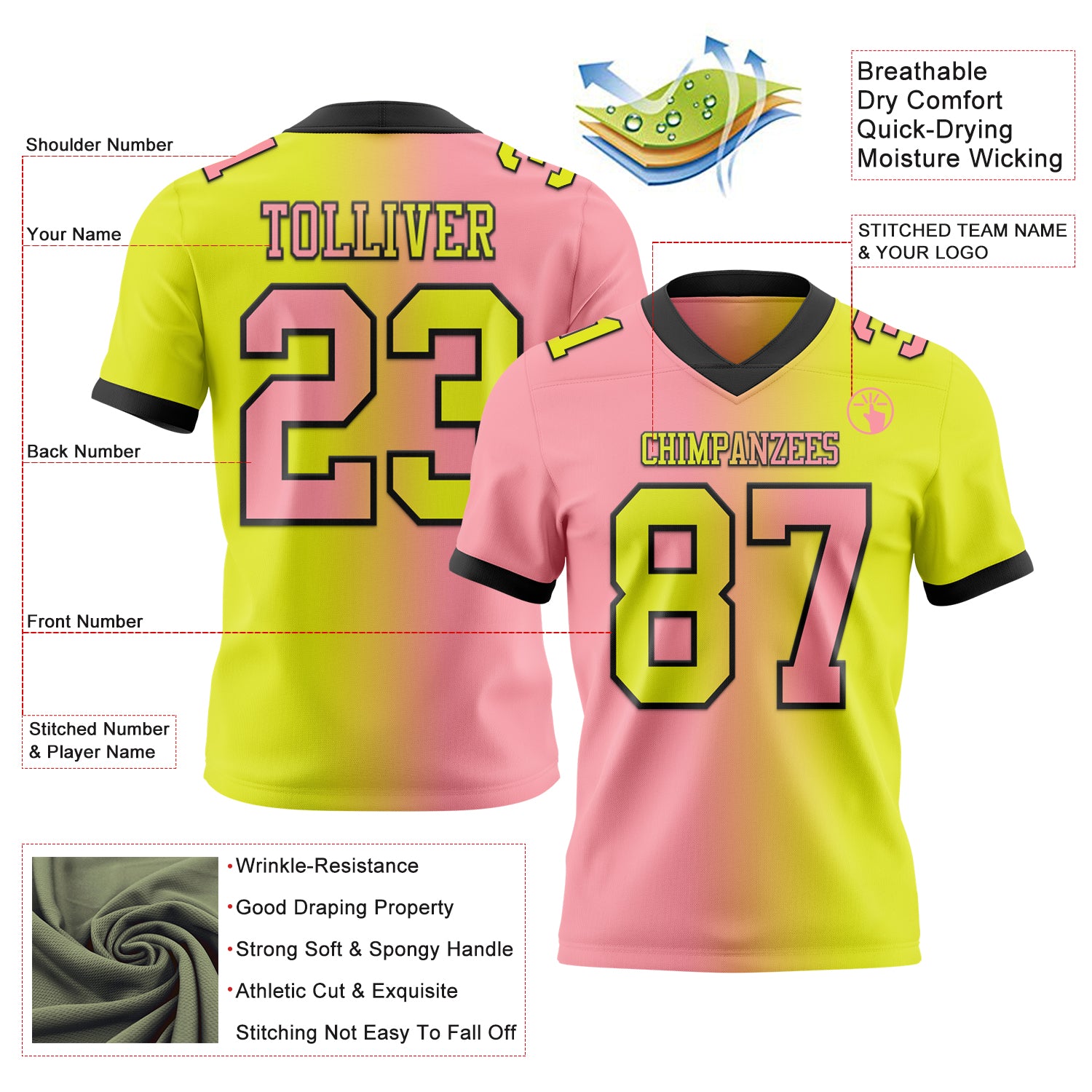 Custom Neon Yellow Medium Pink-Black Authentic Gradient Fashion Football Jersey