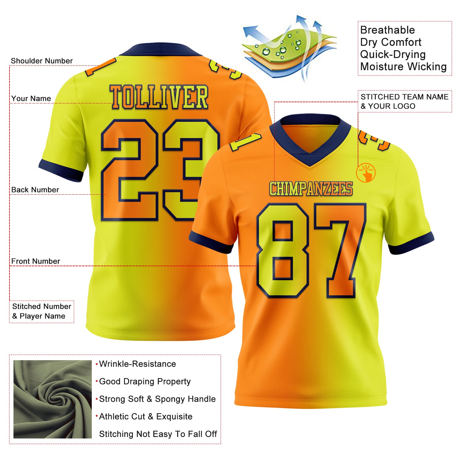 Custom Neon Yellow Bay Orange-Navy Authentic Gradient Fashion Football Jersey