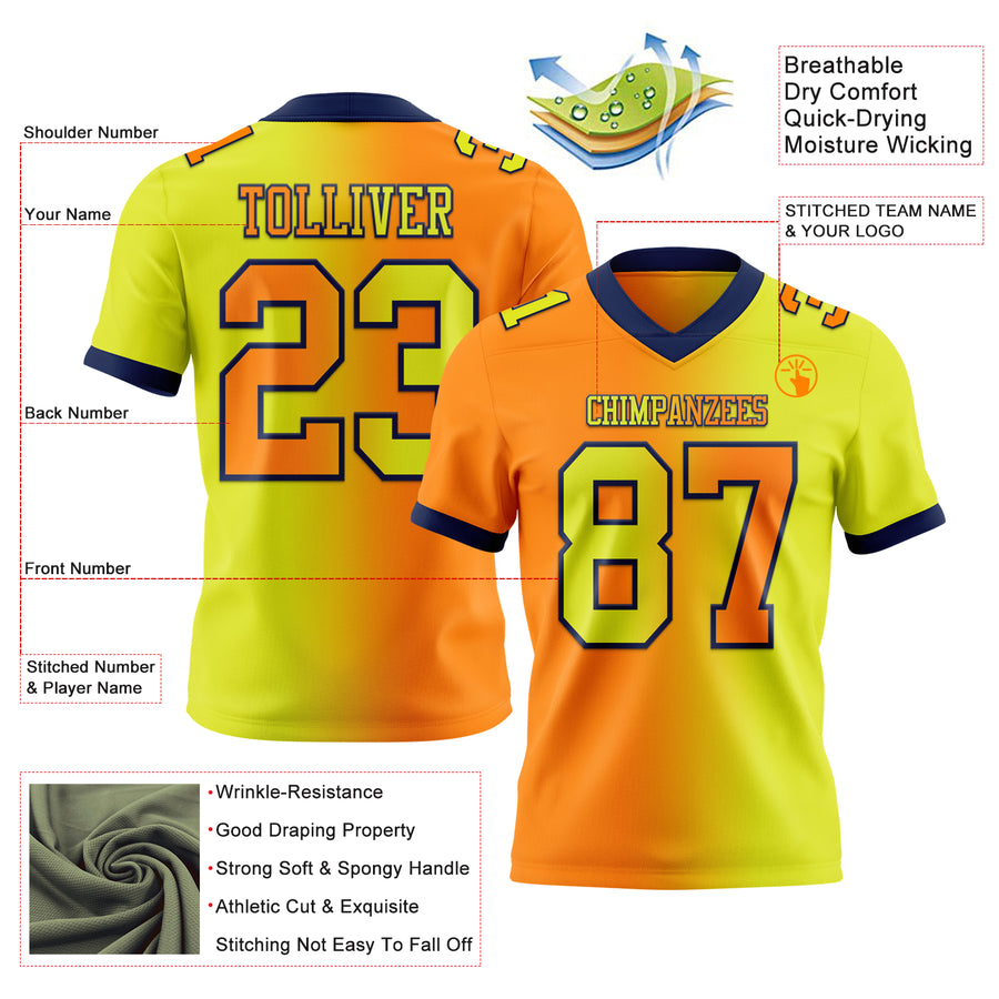 Custom Neon Yellow Bay Orange-Navy Authentic Gradient Fashion Football Jersey
