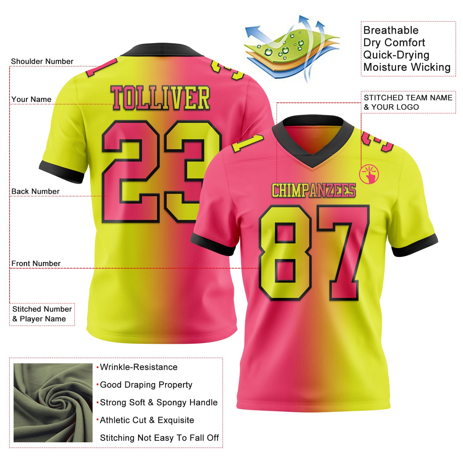Custom Neon Yellow Neon Pink-Black Authentic Gradient Fashion Football Jersey