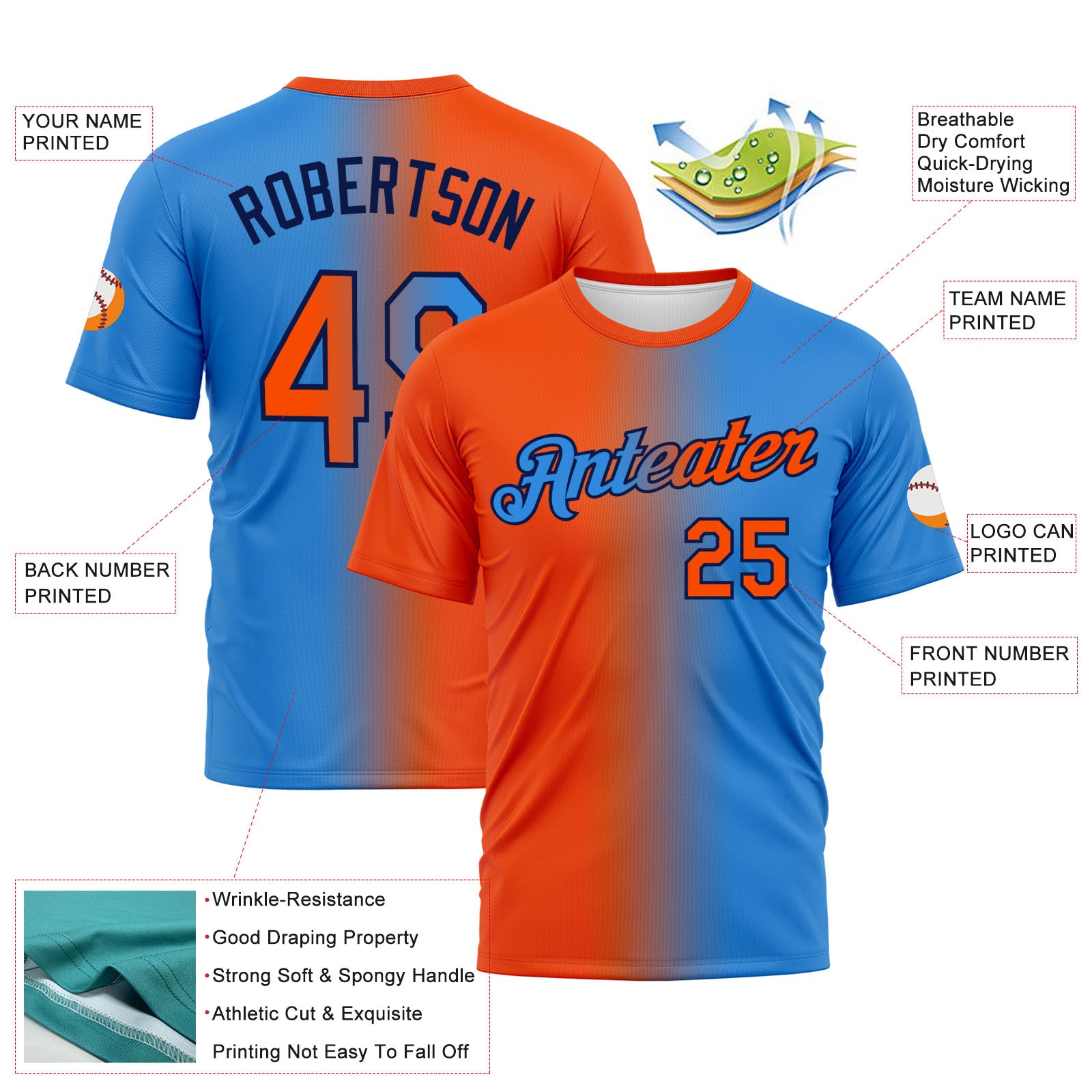 Custom Powder Blue Orange-Navy Gradient Fashion Performance T-Shirt