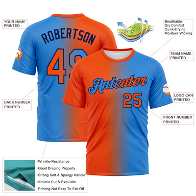 Custom Powder Blue Orange-Navy Gradient Fashion Performance T-Shirt