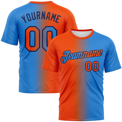 Custom Powder Blue Orange-Navy Gradient Fashion Performance T-Shirt