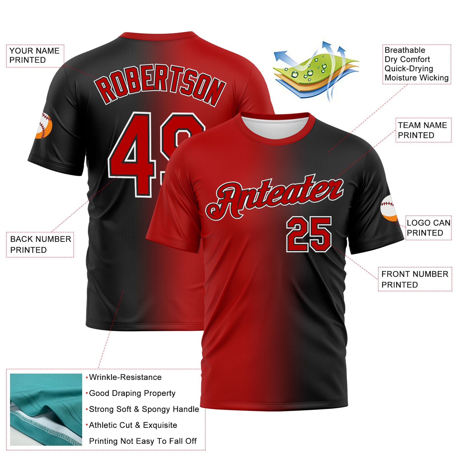 Custom Black Red-White Gradient Fashion Performance T-Shirt