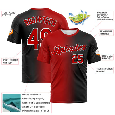 Custom Black Red-White Gradient Fashion Performance T-Shirt