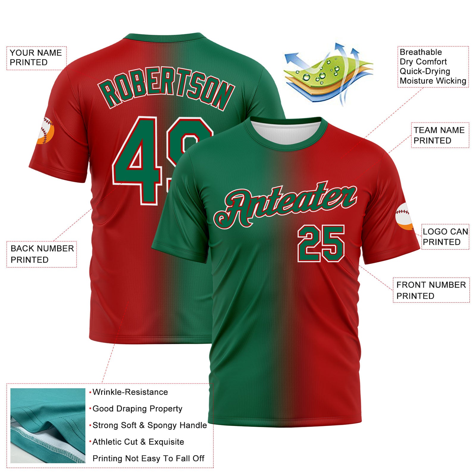 Custom Red Kelly Green-White Gradient Fashion Performance T-Shirt