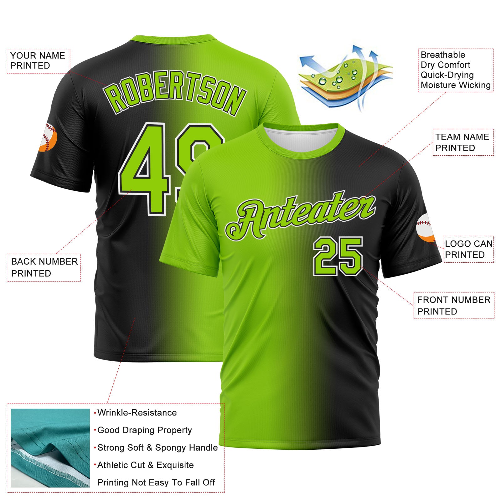 Custom Black Neon Green-White Gradient Fashion Performance T-Shirt