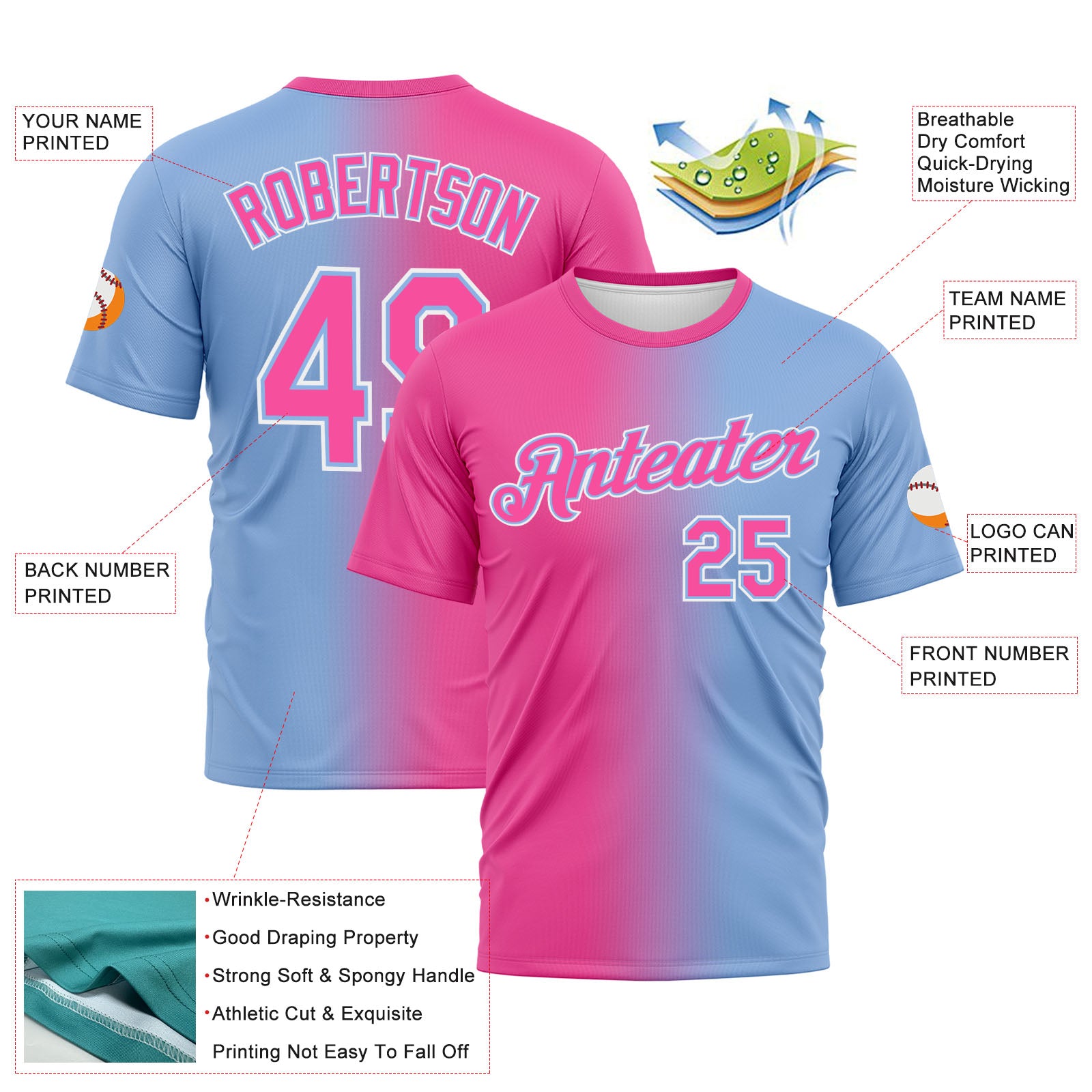 Custom Light Blue Pink-White Gradient Fashion Performance T-Shirt