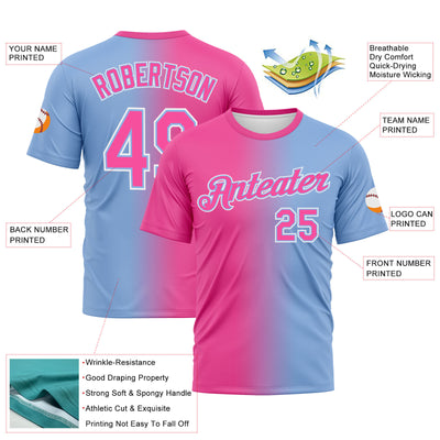 Custom Light Blue Pink-White Gradient Fashion Performance T-Shirt
