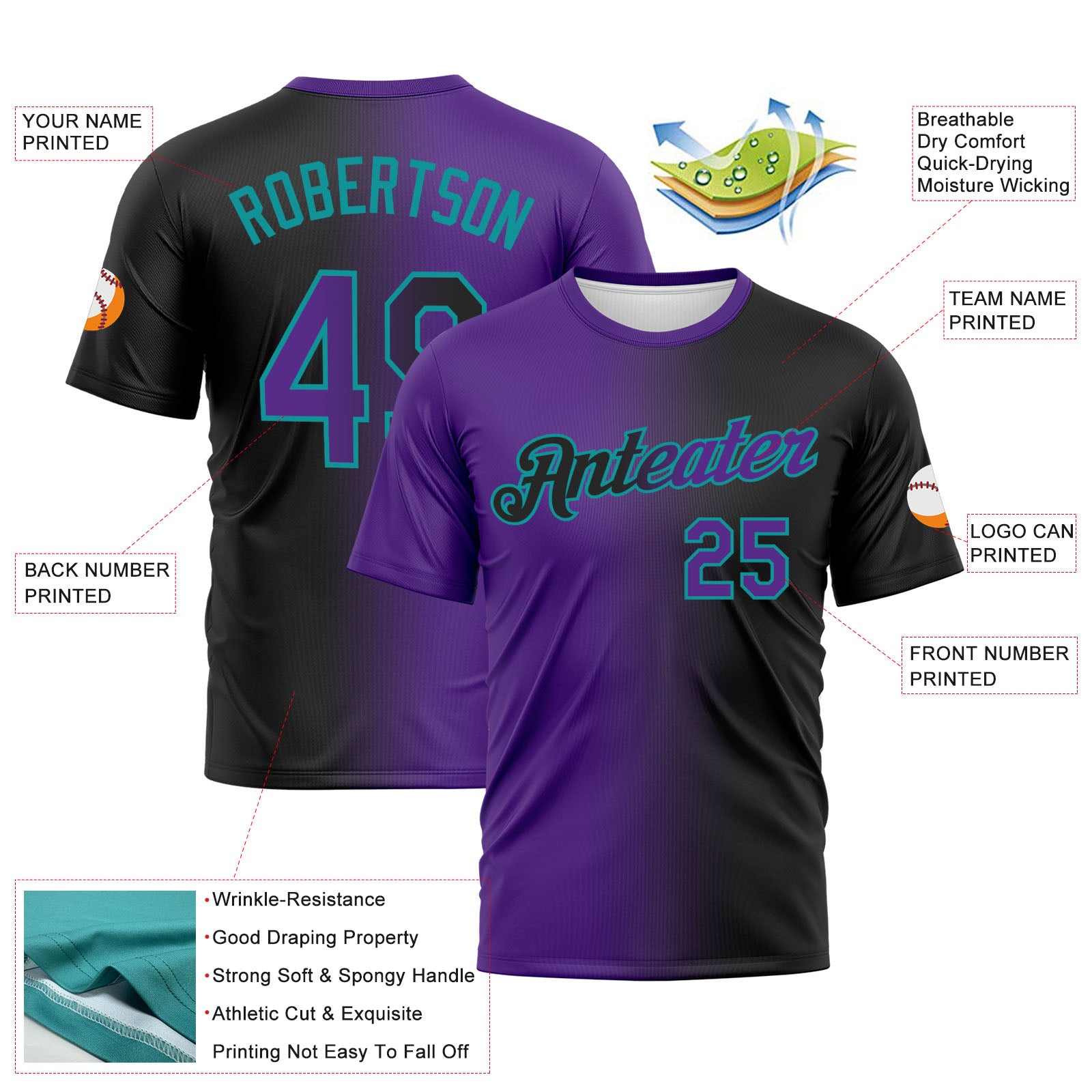 Custom Black Purple-Teal Gradient Fashion Performance T-Shirt