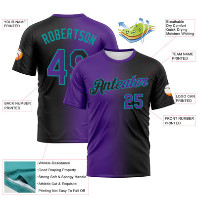 Custom Black Purple-Teal Gradient Fashion Performance T-Shirt