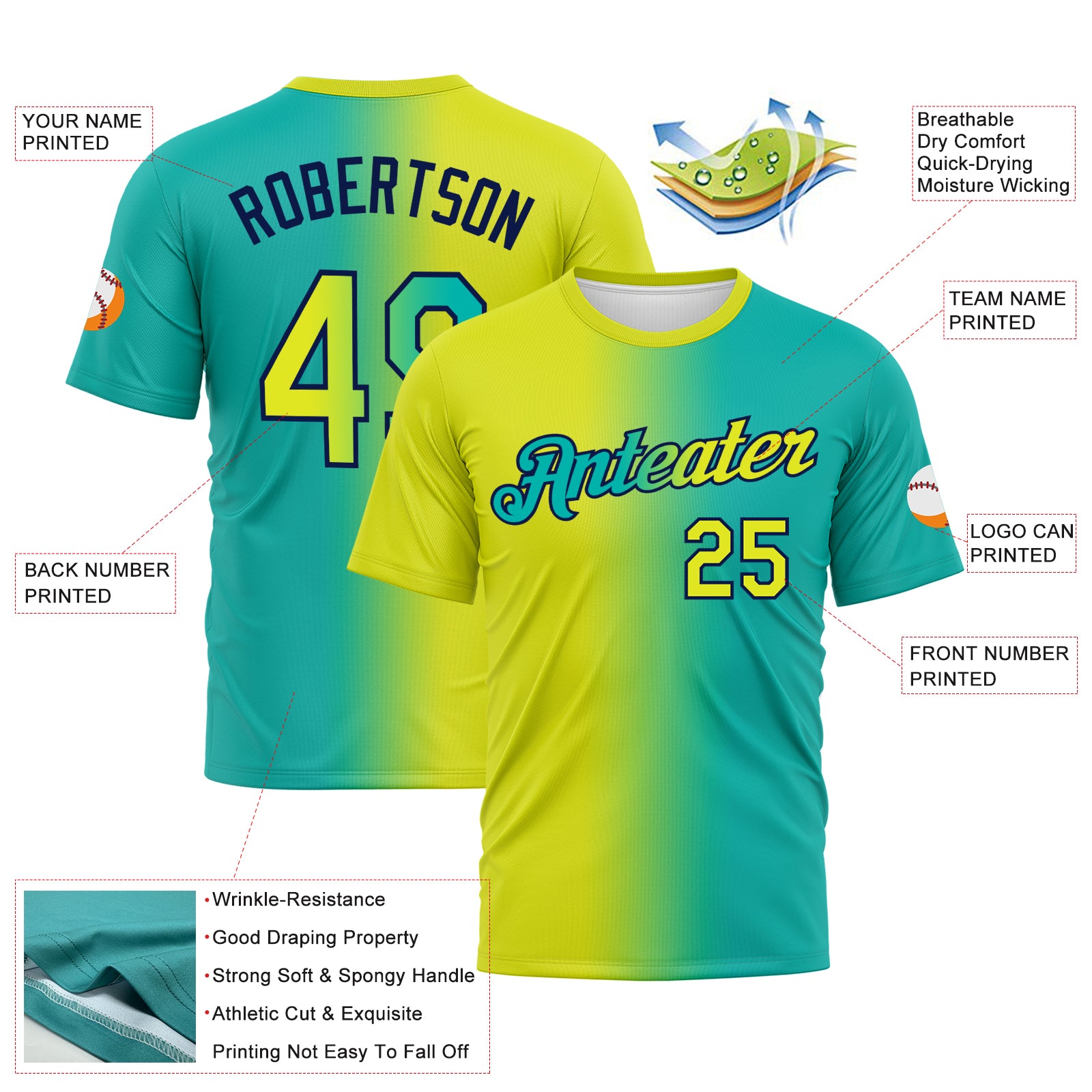 Custom Aqua Neon Yellow-Navy Gradient Fashion Performance T-Shirt