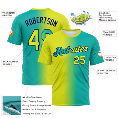 Custom Aqua Neon Yellow-Navy Gradient Fashion Performance T-Shirt