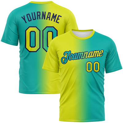 Custom Aqua Neon Yellow-Navy Gradient Fashion Performance T-Shirt