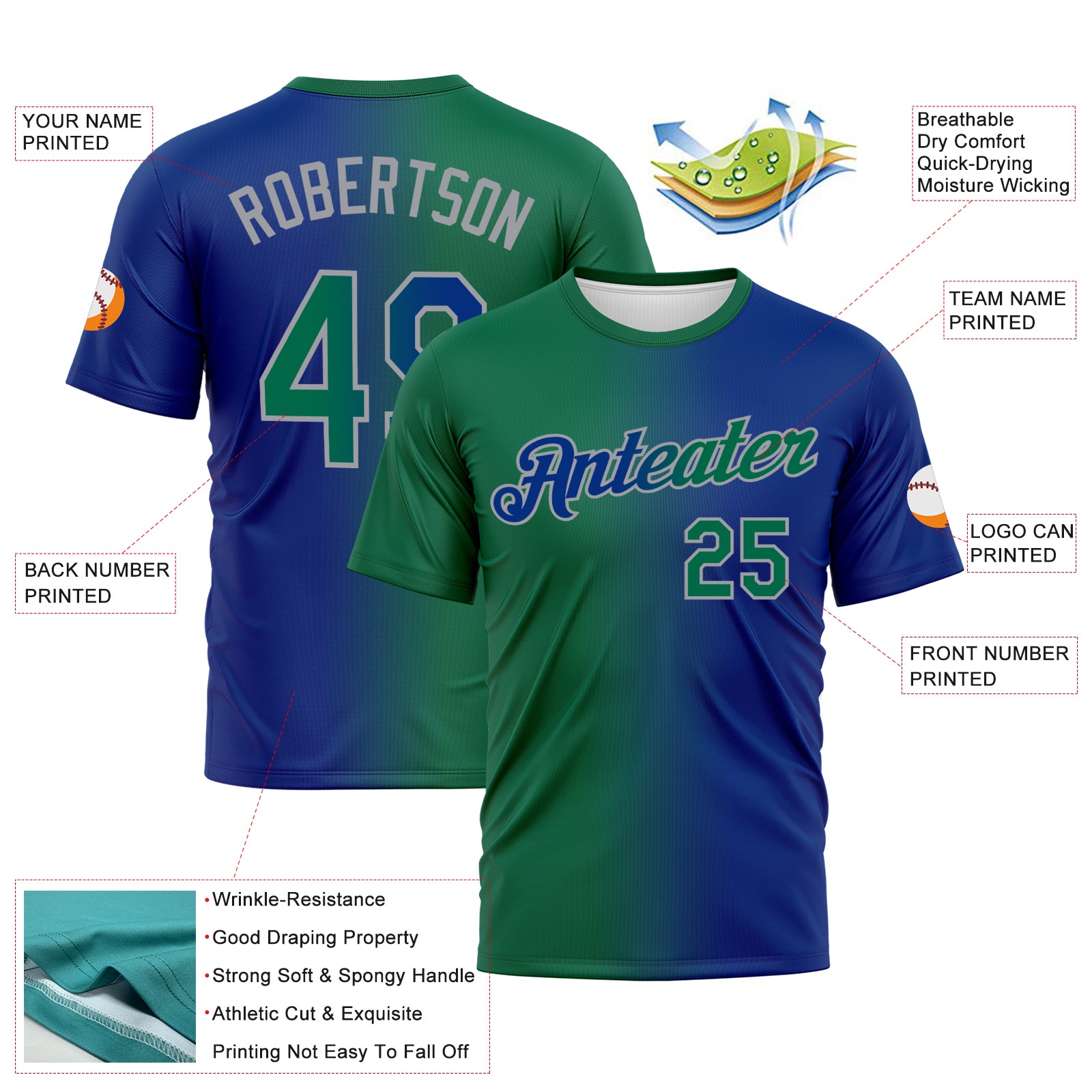 Custom Royal Kelly Green-Gray Gradient Fashion Performance T-Shirt