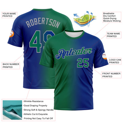 Custom Royal Kelly Green-Gray Gradient Fashion Performance T-Shirt