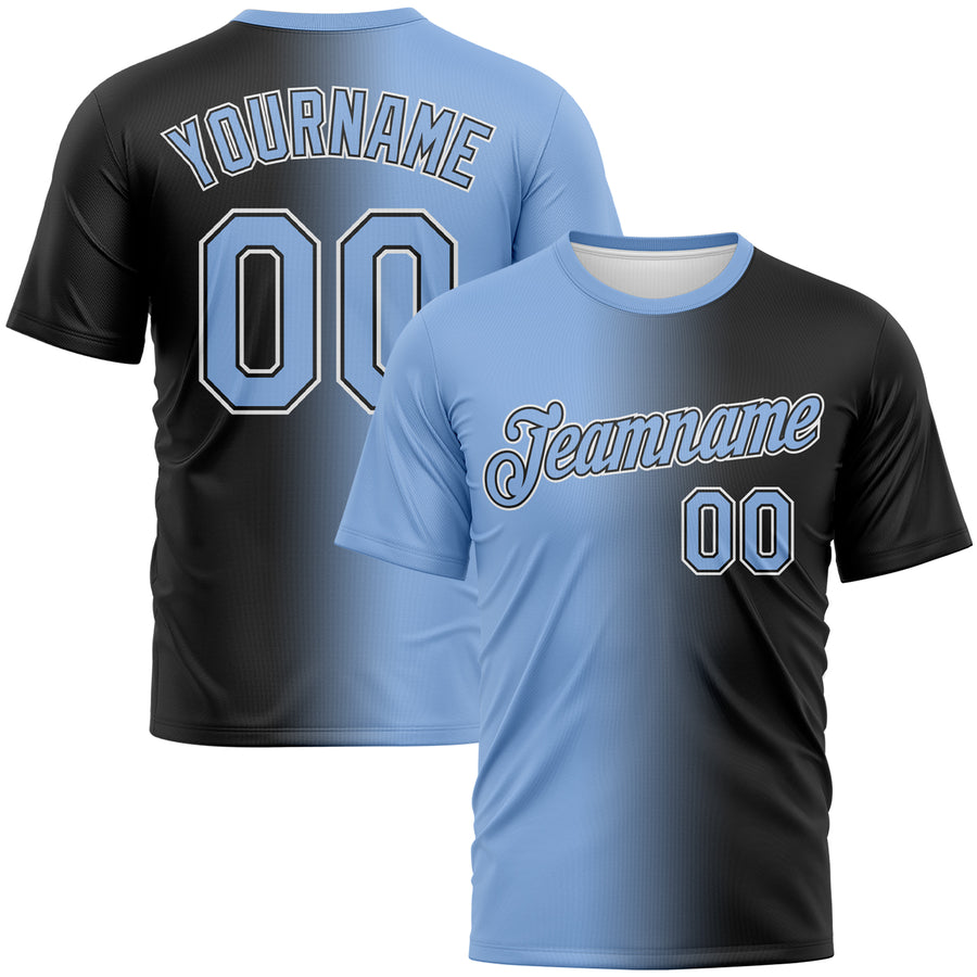Custom Black Light Blue-White Gradient Fashion Performance T-Shirt