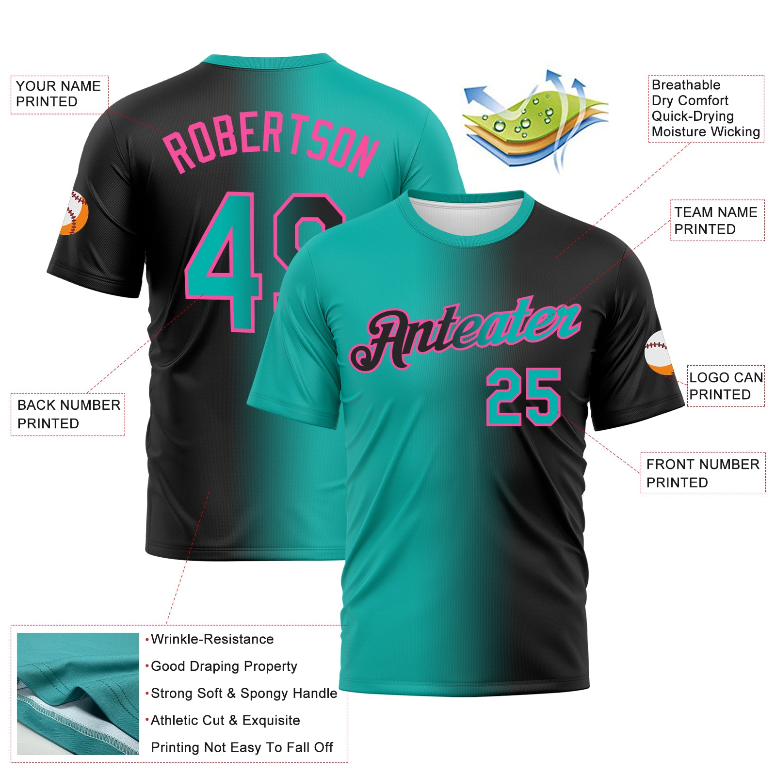 Custom Black Aqua-Pink Gradient Fashion Performance T-Shirt