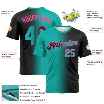 Custom Black Aqua-Pink Gradient Fashion Performance T-Shirt