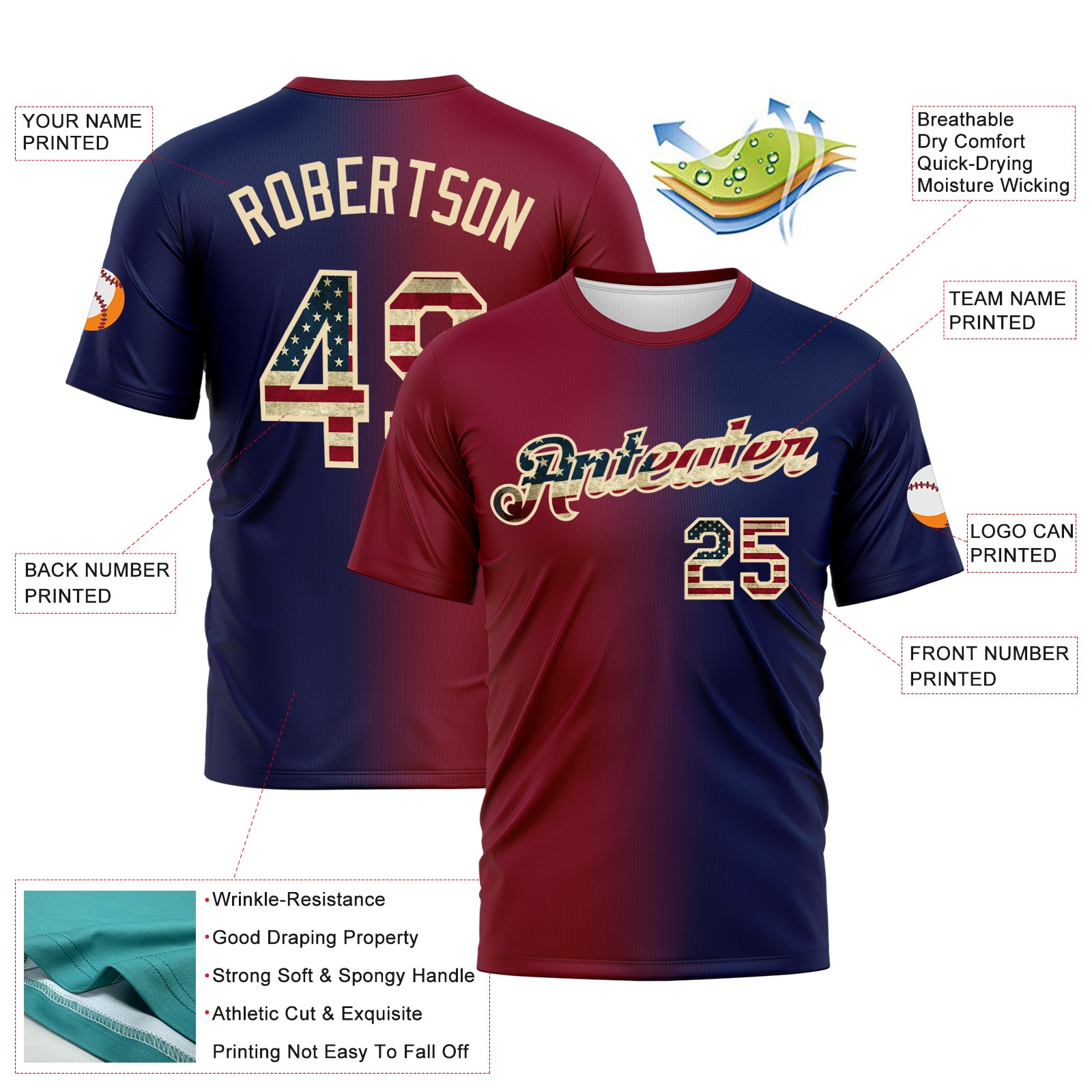 Custom Navy Vintage USA Flag Maroon-Cream Gradient Fashion Performance T-Shirt