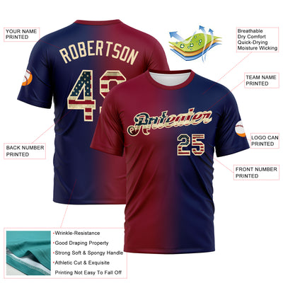 Custom Navy Vintage USA Flag Maroon-Cream Gradient Fashion Performance T-Shirt