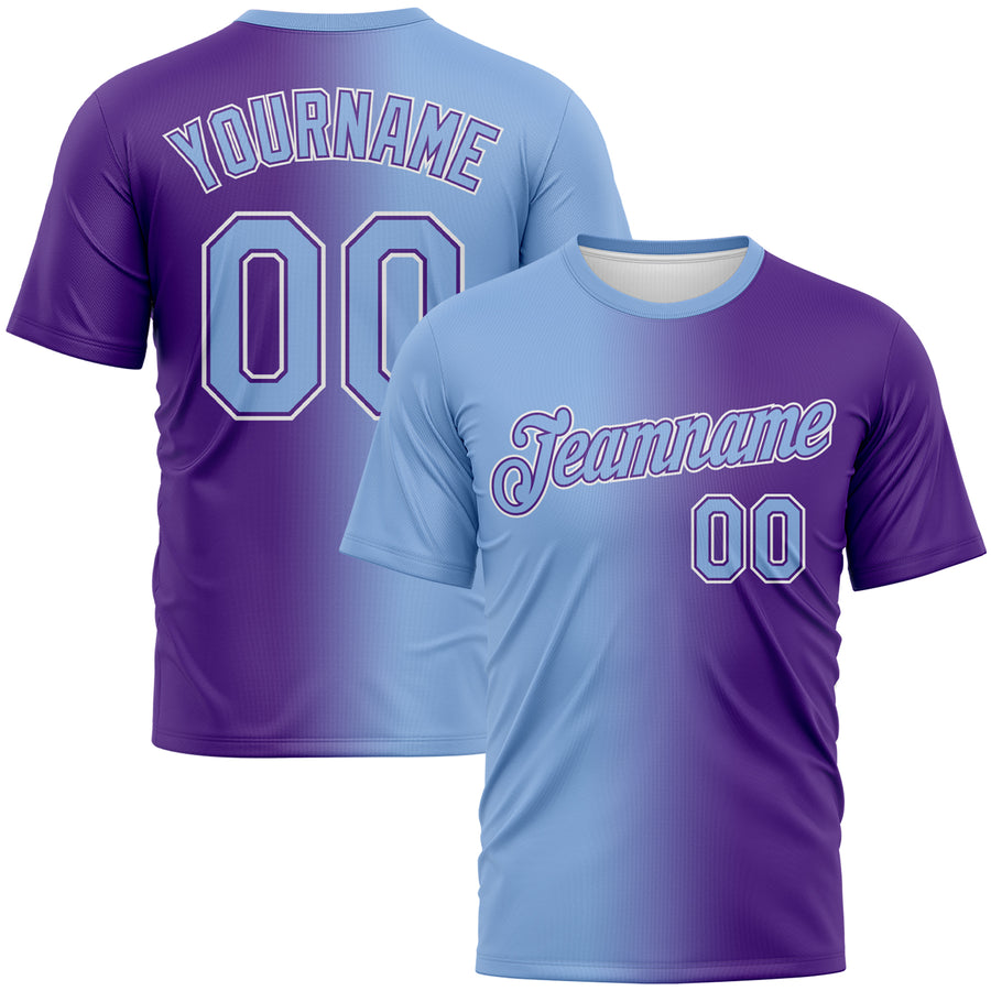 Custom Purple Light Blue-White Gradient Fashion Performance T-Shirt