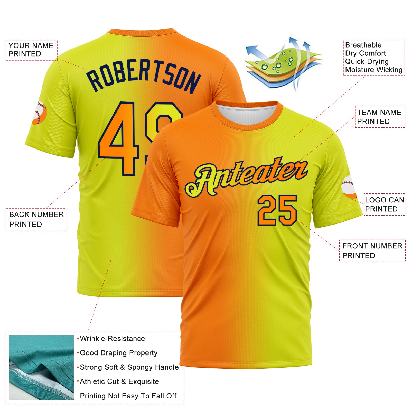 Custom Neon Yellow Bay Orange-Navy Gradient Fashion Performance T-Shirt