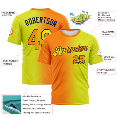 Custom Neon Yellow Bay Orange-Navy Gradient Fashion Performance T-Shirt