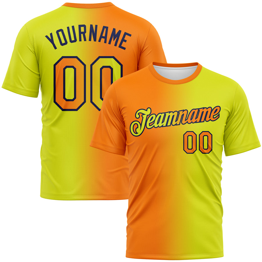 Custom Neon Yellow Bay Orange-Navy Gradient Fashion Performance T-Shirt
