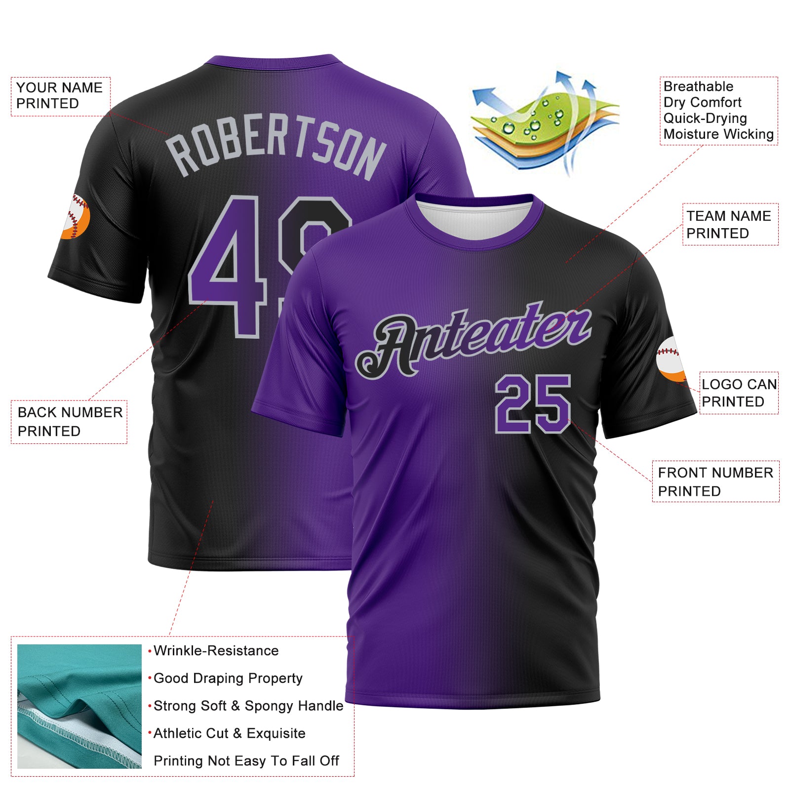 Custom Black Purple-Gray Gradient Fashion Performance T-Shirt