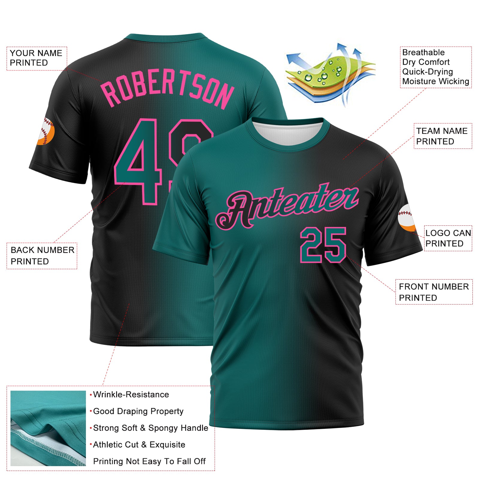 Custom Black Teal-Pink Gradient Fashion Performance T-Shirt