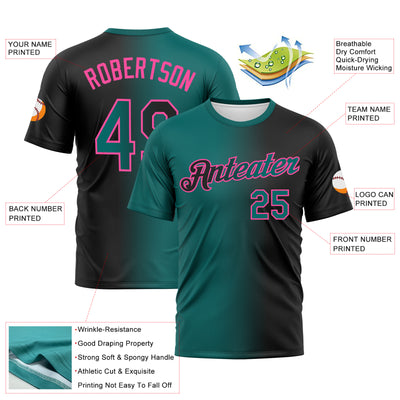Custom Black Teal-Pink Gradient Fashion Performance T-Shirt