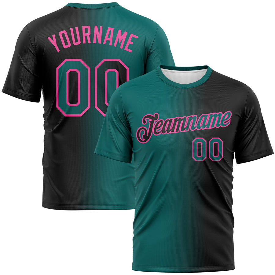 Custom Black Teal-Pink Gradient Fashion Performance T-Shirt
