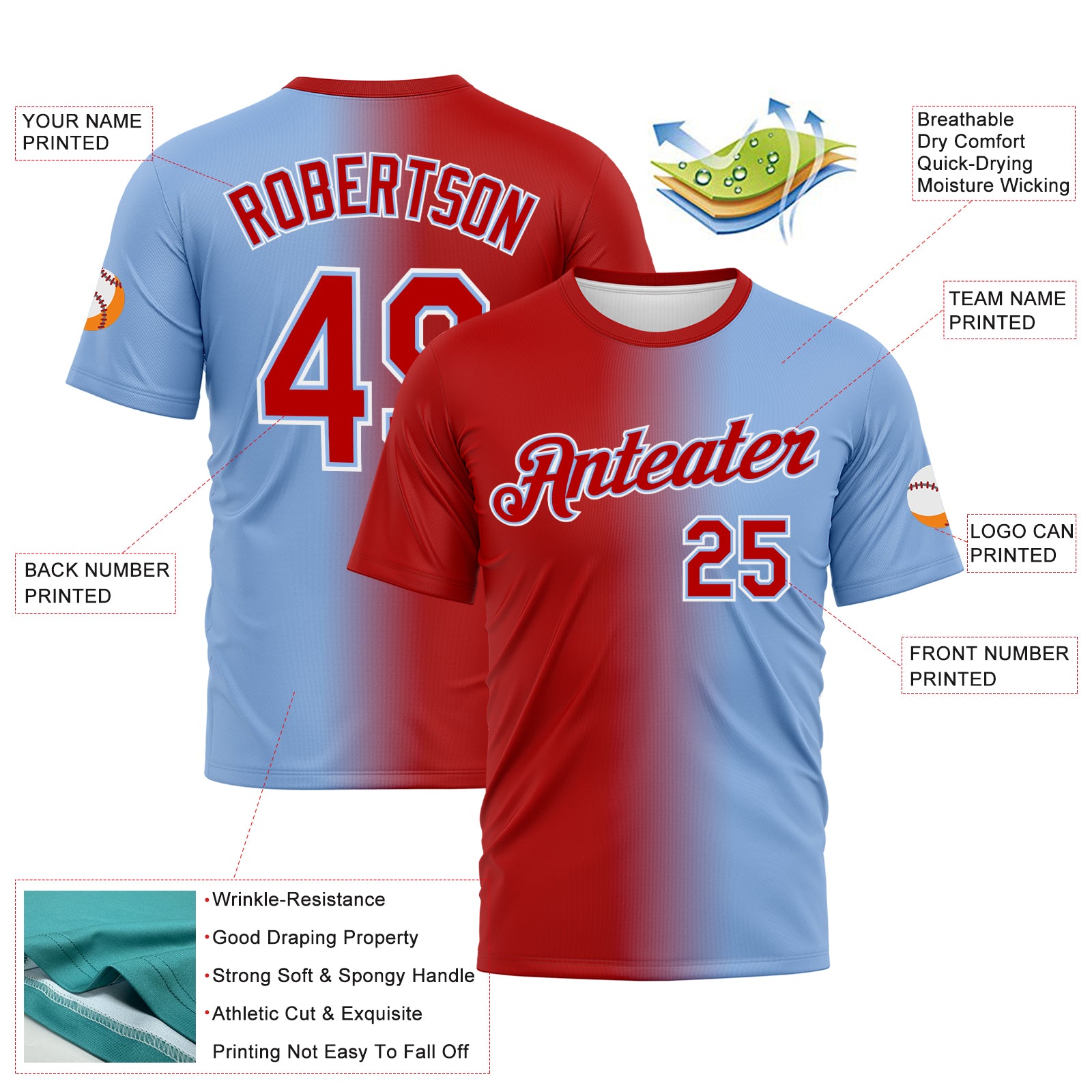 Custom Light Blue Red-White Gradient Fashion Performance T-Shirt