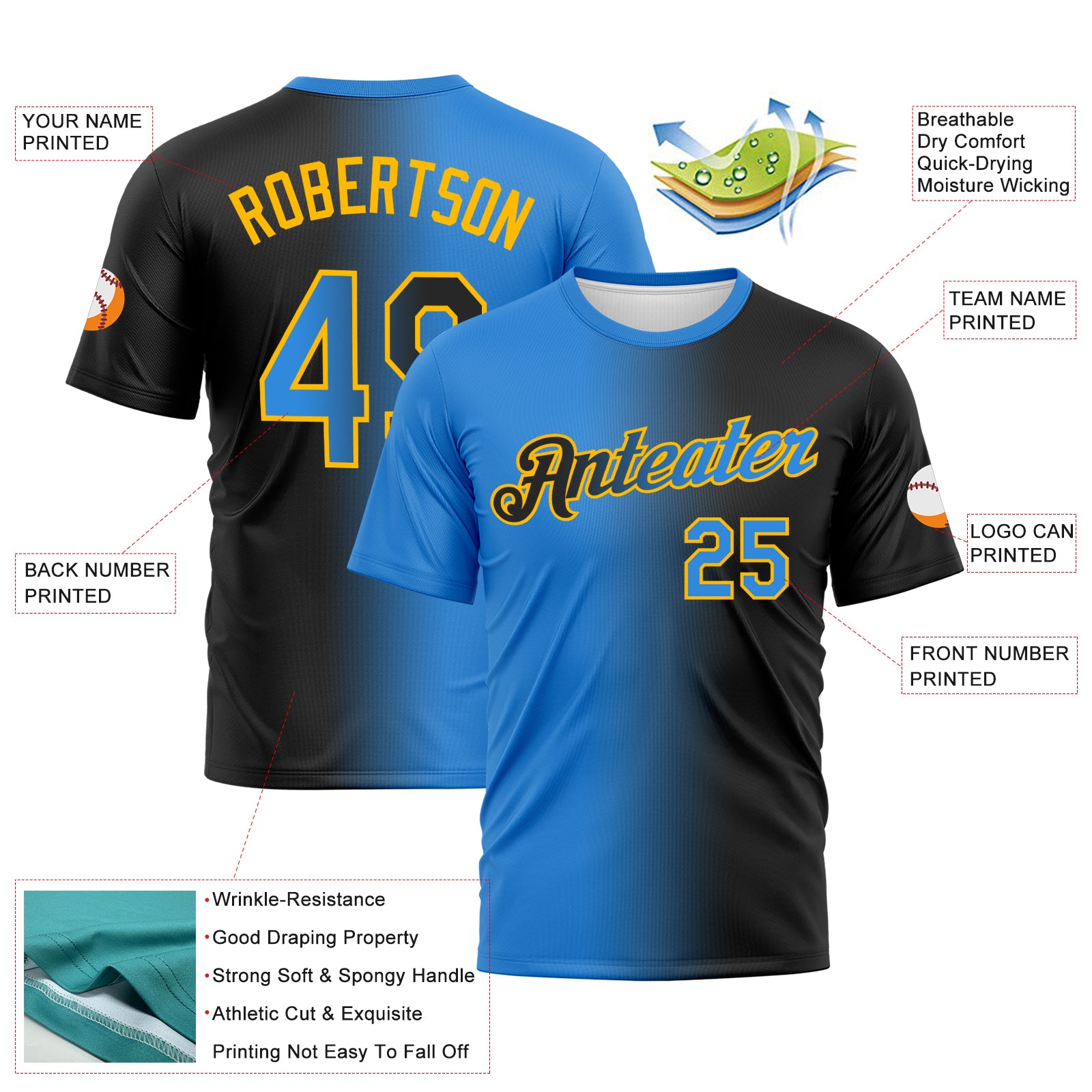 Custom Black Powder Blue-Gold Gradient Fashion Performance T-Shirt