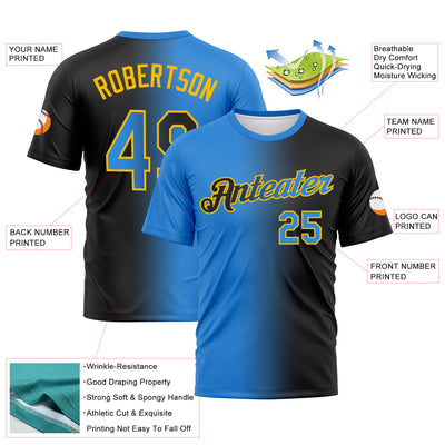 Custom Black Powder Blue-Gold Gradient Fashion Performance T-Shirt