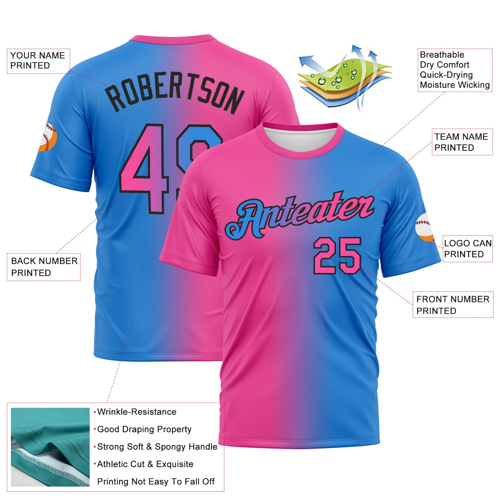 Custom Powder Blue Pink-Black Gradient Fashion Performance T-Shirt