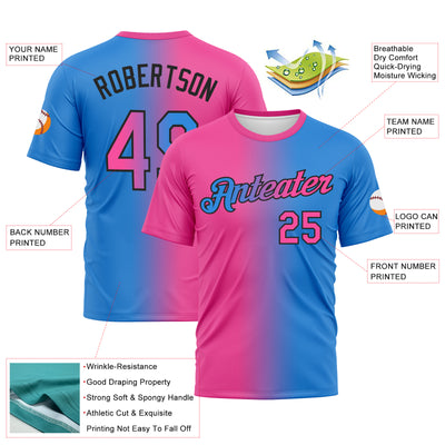 Custom Powder Blue Pink-Black Gradient Fashion Performance T-Shirt