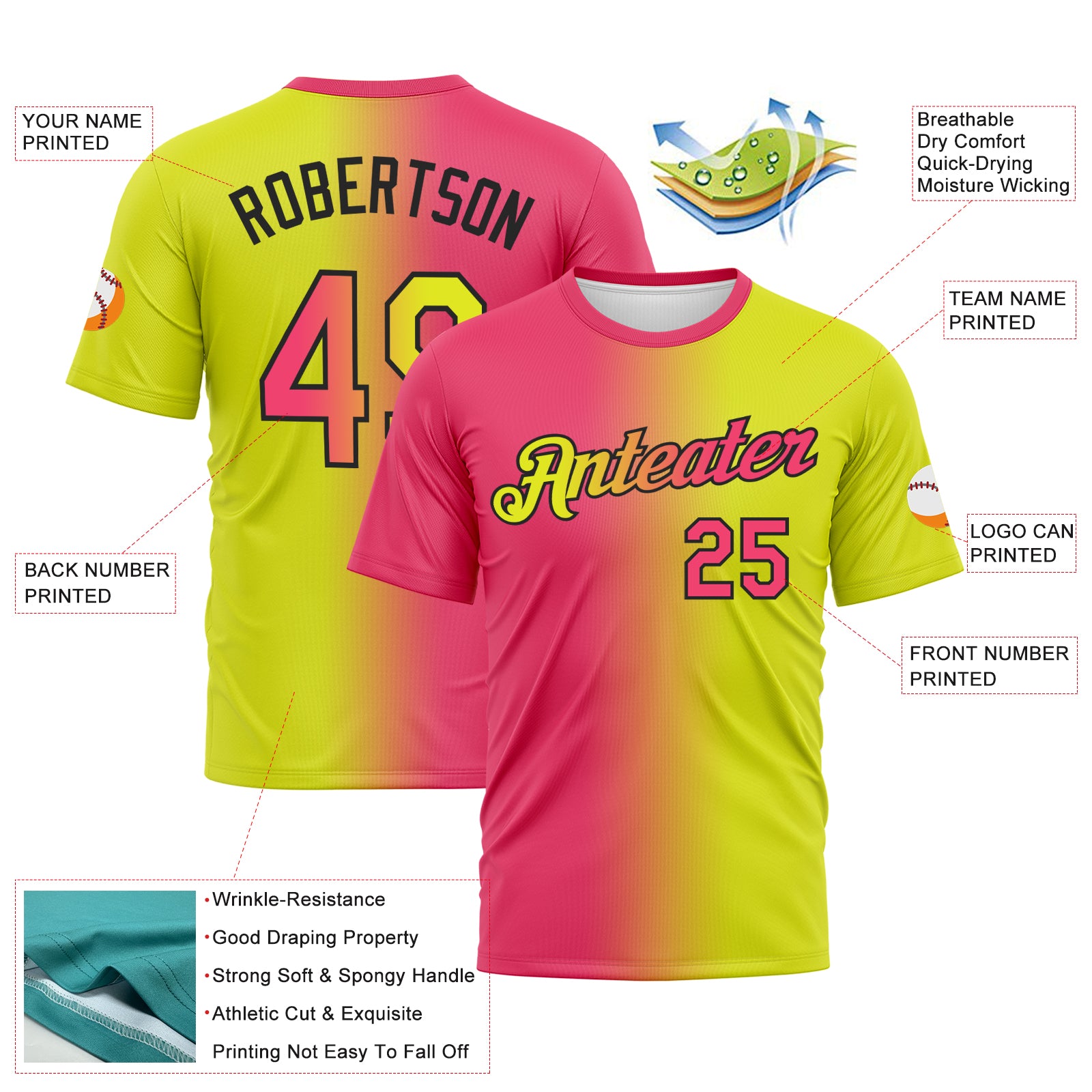 Custom Neon Yellow Neon Pink-Black Gradient Fashion Performance T-Shirt