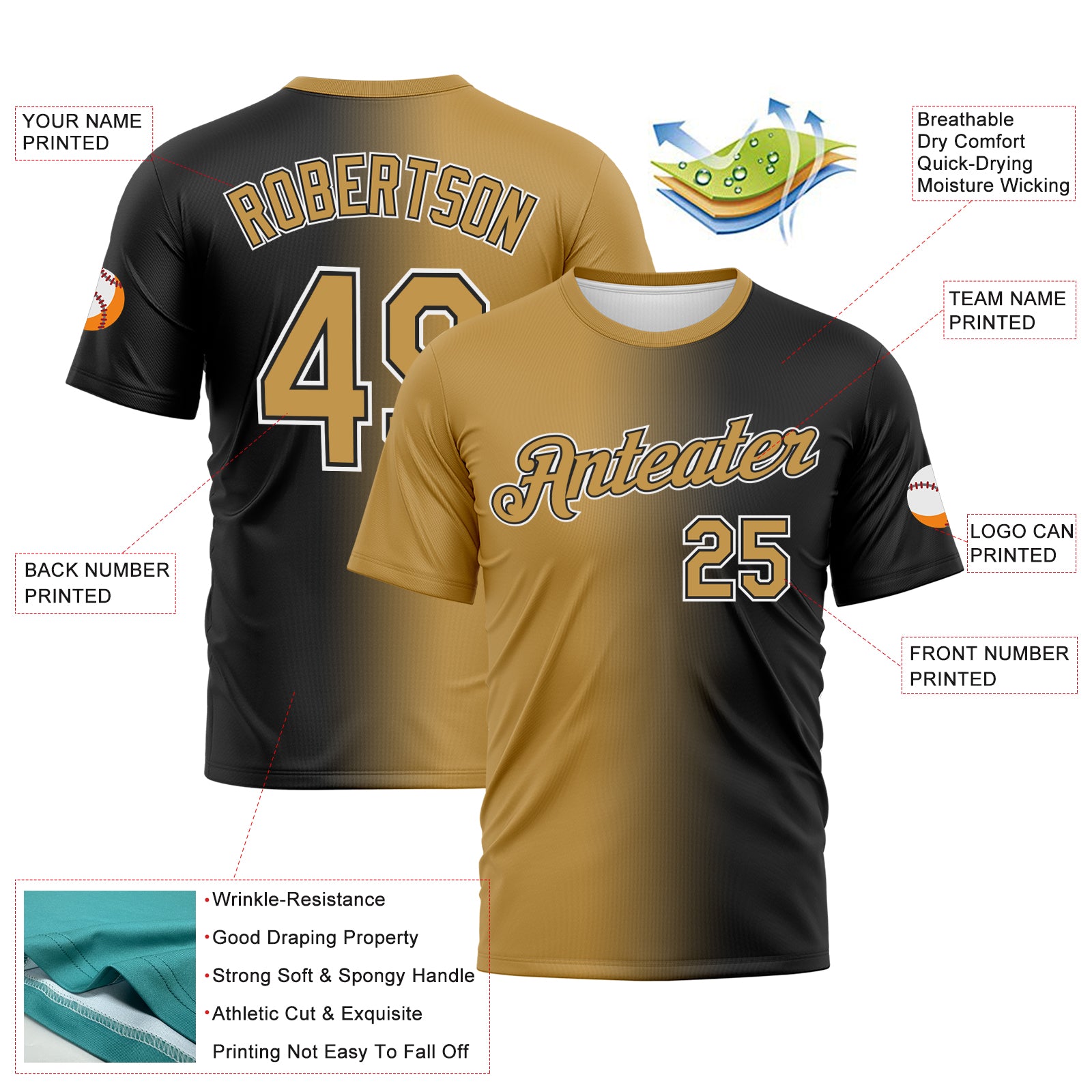 Custom Black Old Gold-White Gradient Fashion Performance T-Shirt