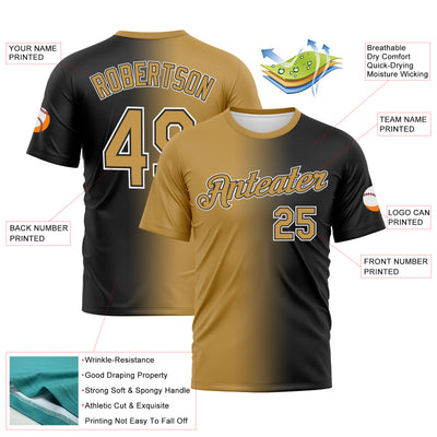 Custom Black Old Gold-White Gradient Fashion Performance T-Shirt