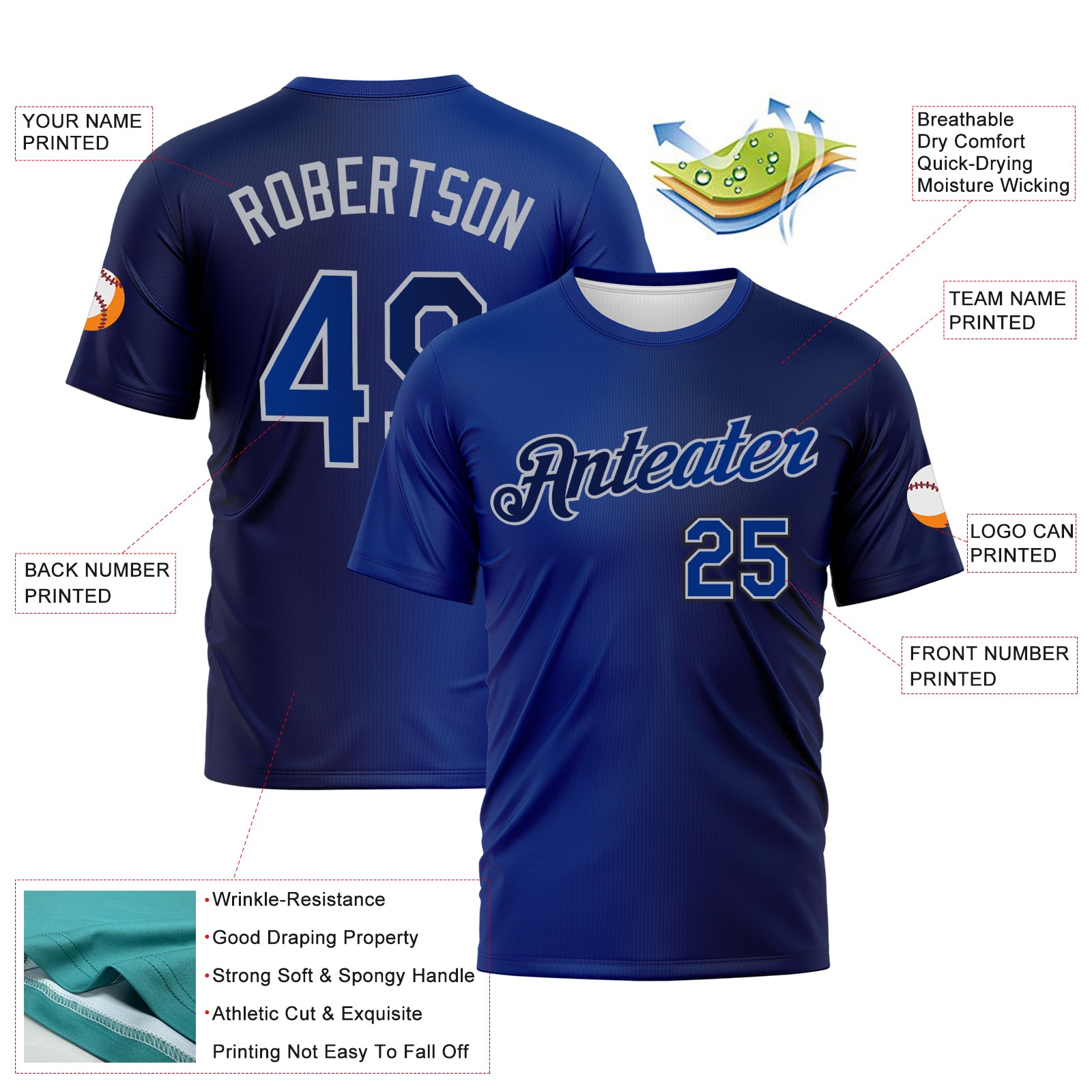 Custom Navy Royal-Gray Gradient Fashion Performance T-Shirt