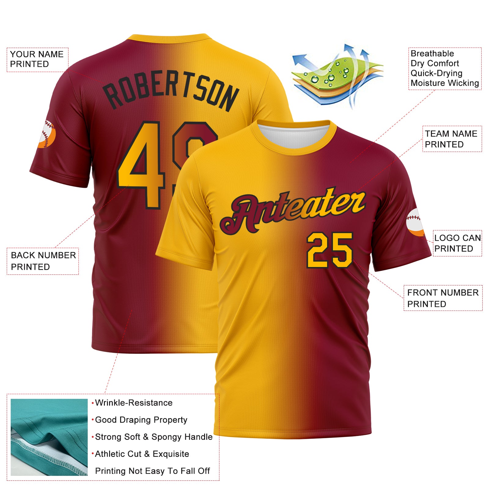 Custom Maroon Gold-Black Gradient Fashion Performance T-Shirt