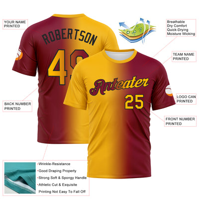 Custom Maroon Gold-Black Gradient Fashion Performance T-Shirt