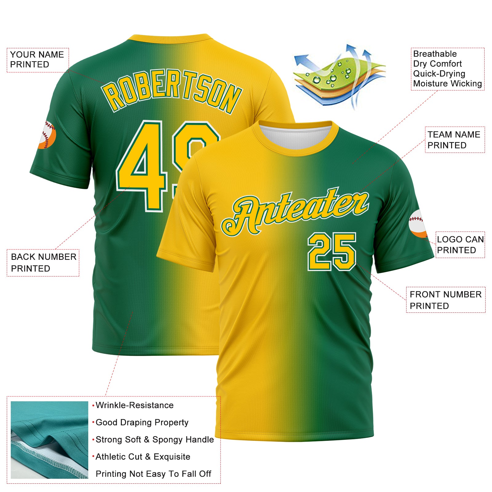 Custom Kelly Green Yellow-White Gradient Fashion Performance T-Shirt